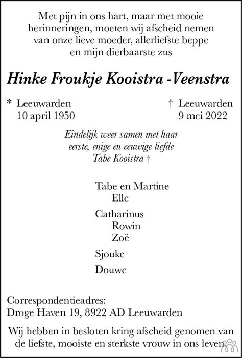 Hinke Froukje Kooistra Veenstra 09 05 2022 Overlijdensbericht En