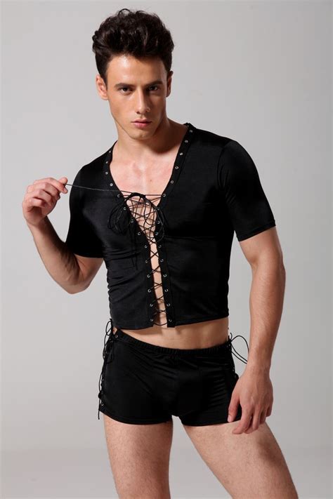 Free Shipping New Style Male Black Lace Up Gothic Bodysuit Lingerie