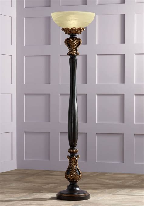 Traditional Torchiere Floor Lamp Carved Wood Finish Dimmer For Living