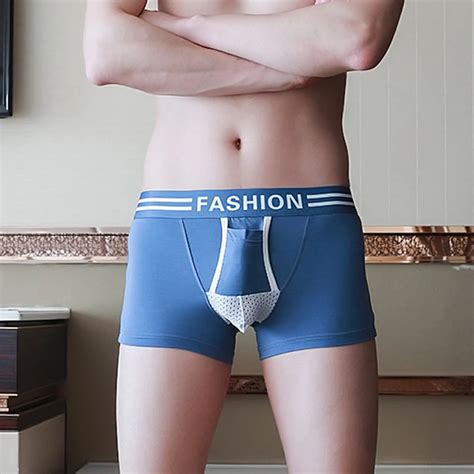 Mens Penis Hole Boxer Brief Sexy Modal U Convex Pouch Underpants Soft Mesh Hole Breathbale