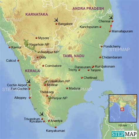 Tourist map of tamil nadu. StepMap - Template Tamil Nadu Kerala 1:1 - Landkarte für India