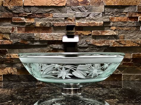 Flower Border Design Hand Engraved Vessel Sink Glass Engraving Sink Glass Vessel Sinks