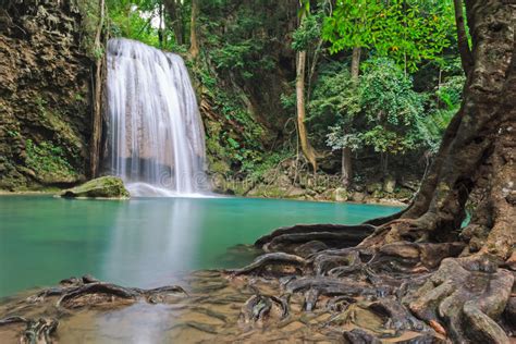 Blue Stream Waterfall In Kanjanaburi Thailand Erawan Waterfall