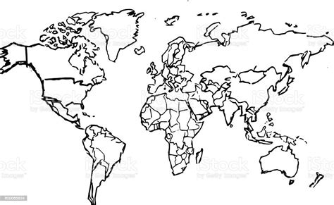 Black Pencil Drawing Sketched World Map On White Background Stock
