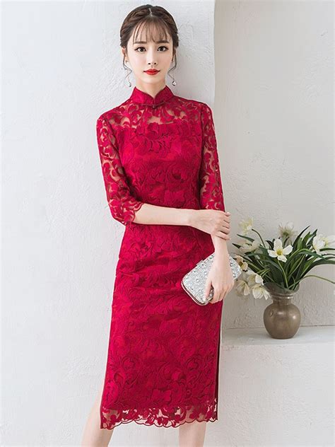 Wine Red Lace Mid Qipao Cheongsam Dress With Half Sleeve Cozyladywear