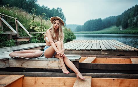 Wallpaper Blonde Legs Women Outdoors River Trees Pier Hat Jean