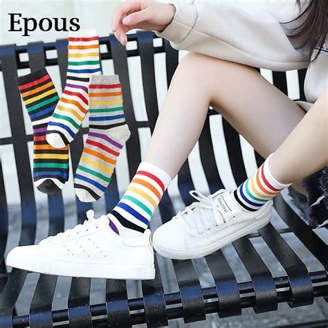 Epous Ulzzing New Rainbow Striped Patterned Funny Short Socks Women