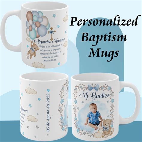 Baptism Personalized Mugs Cute Teddy Bear With Balloons Spanish Or