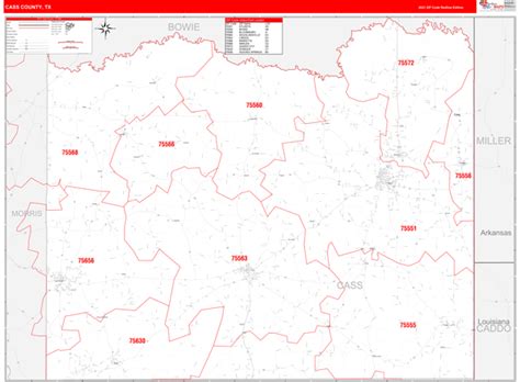 Cass County Tx Zip Code Wall Map Red Line Style By Marketmaps Mapsales