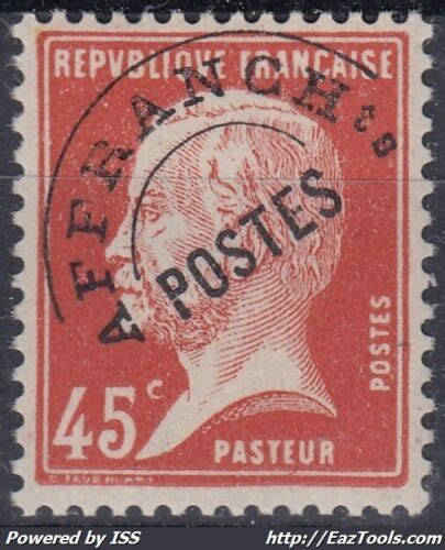 FRANCE PREOBLITERE PASTEUR 45c ROUGE N 67 NEUF GOMME SANS