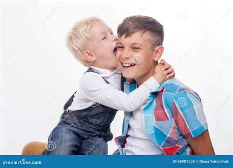 Cheerful Friendly Brothers Are Making Fun Together Stock Image Image