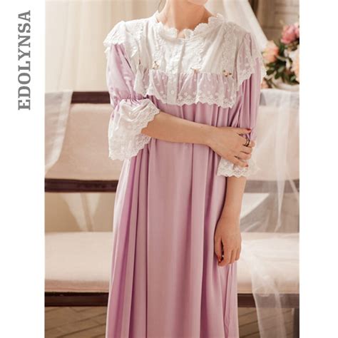 Victorian Nightgowns Sleepshirts Autumn Women Vintage Sleepwear Purple Lace Cotton Home Wear