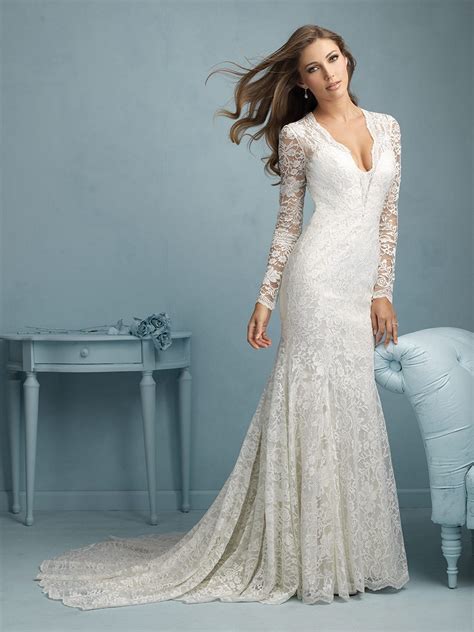 High neck lace style with beading decoration on waistline,mermaid floor length chapel train wedding gown. Allure Bridals 9213 Lace Deep V-Neck Wedding Dress