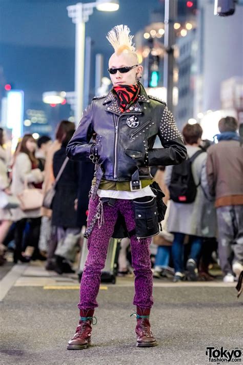 Punk Harajuku Streetwear Style W Blond Mohawk Studded Black Leather