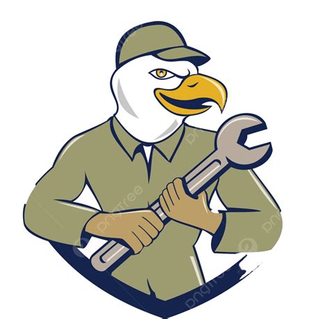 American Bald Eagle Mechanic Spanner Crest Cartoon Bird Front View