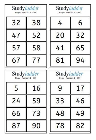 Bingo Numbers 1 100 Game Cards Studyladder Interactive Learning