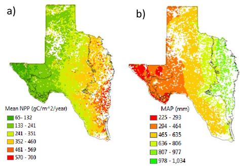 Mean Npp A And Mean Annual Precipitation Mapb Maps For Texas