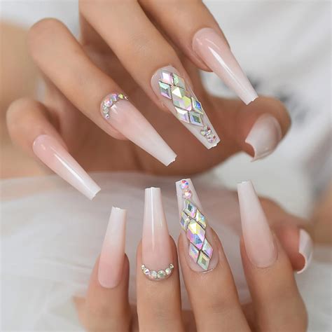 Extra Long Fake Nails False Set Press On Tips Ombre 3d Bling Nails With