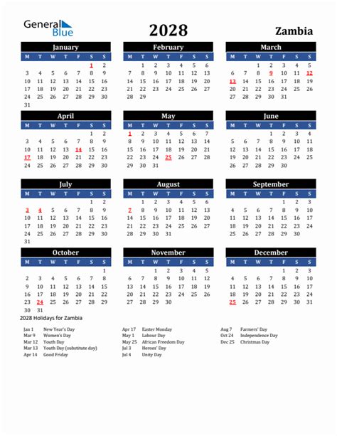 2028 Zambia Calendar With Holidays