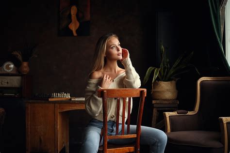 Dmitry Arhar Women Model Blonde Women Indoors Chair Sitting Jeans Sweater Couch Chess Desk