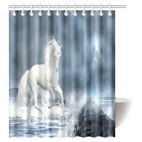 Mypop Unicorn Shower Curtain White Unicorn Running Under Thunderstorm Clouds With Lightning