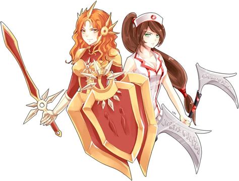 Two Women In Costumes Holding Swords And Shields One Is Wearing A Red