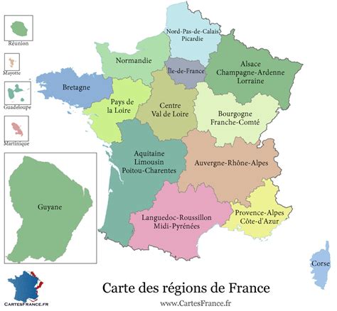 Administrative map of the 13 regions of france and overseas territories. CARTE DE FRANCE REGION - Carte des régions Françaises