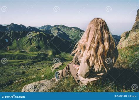 Blonde Woman Relaxing On Mountains Summit Stock Photo Image Of Hair