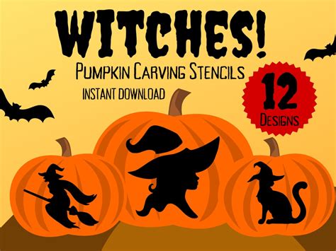 Witch Pumpkin Carving Stencils 12 Unique Halloween Jack Etsy