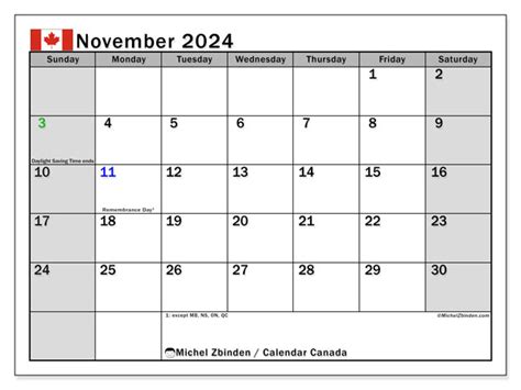 Calendar November 2024 Canada Michel Zbinden Ca