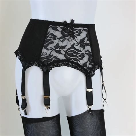 6 Strap Luxury Suspender Belt Black Garter Belt Lace Panel Garter Belt Plus Size Set 1 Pair