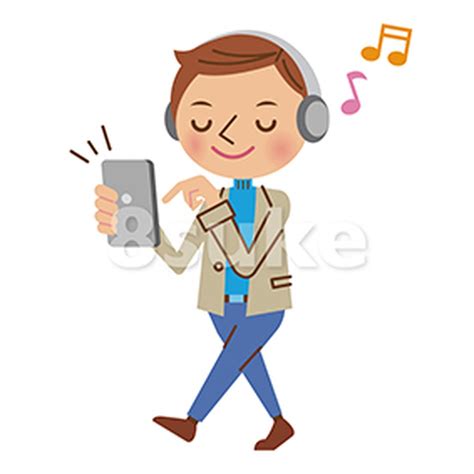 イラスト素材：スマートフォンで音楽を聴く私服の男性（ベクター・） 8sukeの人物イラスト屋：かわいいベクター素材のダウンロード販売