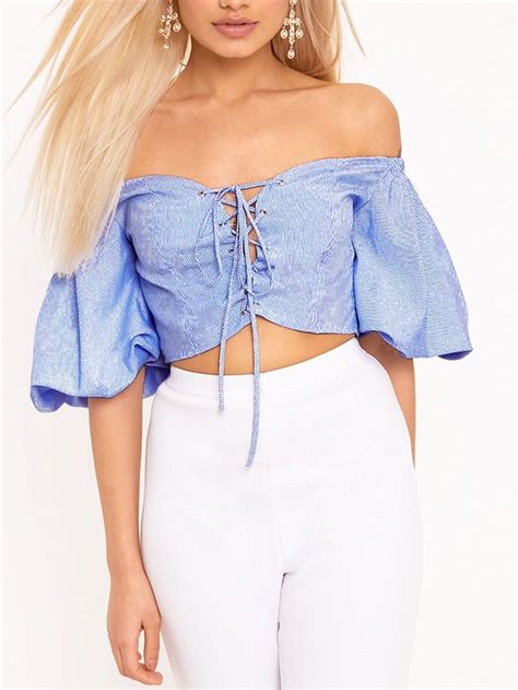 Lace Up Strapless Flare Sleeve Cropped Top