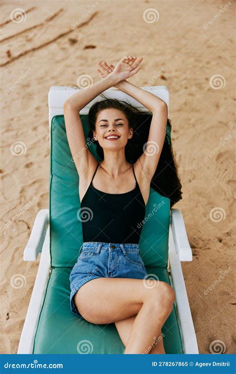 Woman Smiling Ocean Sand Resort Sunbed Lying Sea Lifestyle Beach Blue Stock Image Image Of