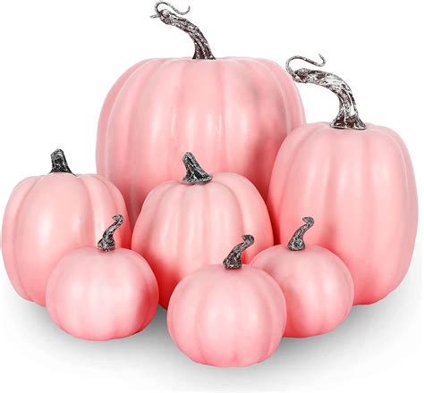 Anydesign Pink Artificial Pumpkins 7pcs Assorted Sizes Fake Foam