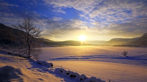 Landscapes Lakes Winter Snow Sunset Sunrise Sky Clouds Ice