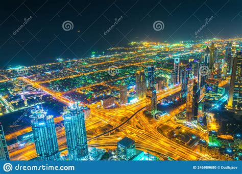 Night Aerial View Of Downtown Dubai From The Burj Khalifa Skyscraper