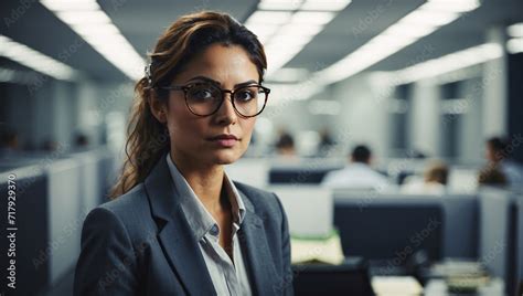 strict stylish girl with glasses in office setting the blurred office background emphasizes