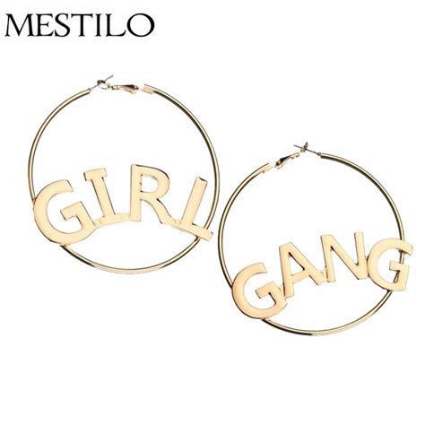 Mestilo Exaggeration Gold Geometric Big Round Circle Hoop Earrings Statement Letter Girl Gang
