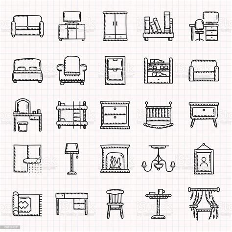 Furniture Related Hand Drawn Icons Set Doodle Style Vector Illustration