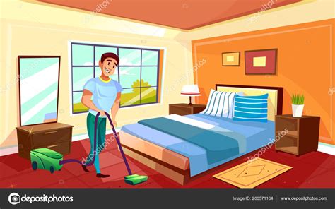 Man Cleaning Room With Vacuum Cleaner Vector Illustration Stock