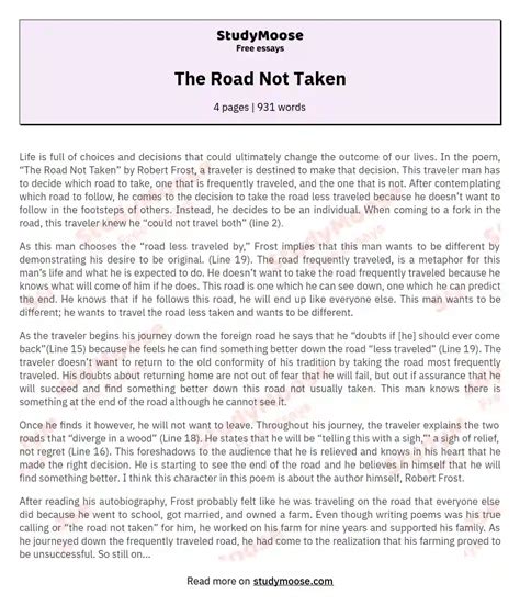 The Road Not Taken Free Essay Example