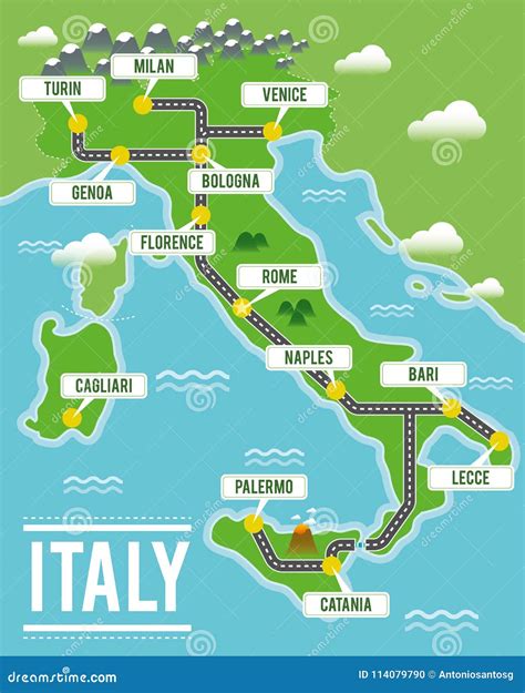 Cartoon Vector Map Of Italy Travel Illustration With Italian Main