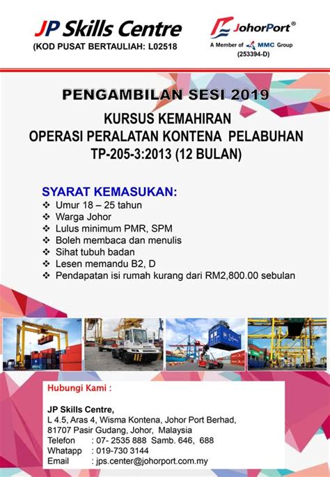 The skill development centre has been established with the vision of today's youth leads tomorrows' future with their skills. neelima singh chandel has taken the initiative to establish a skill development centre in the university campus. Johor Port - JP Skills Centre Program Brochure