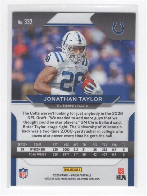2020 Panini Prizm Football Jonathan Taylor Rookie Card Rc 332 Ebay