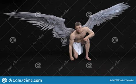 3d Render The Portrait Of Male Angel Kneel Down With The Black