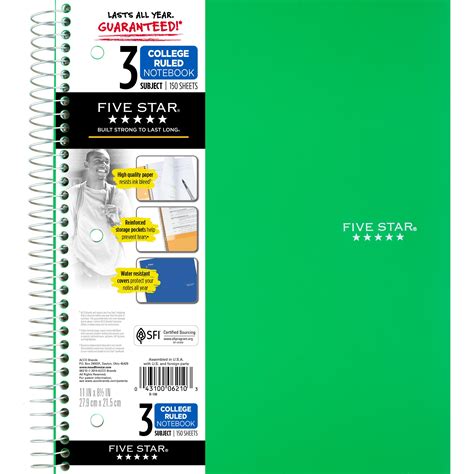Five Star Wirebound Notebook Subject College Ruled X