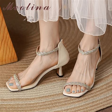Meotina Genuine Leather High Heel Sandals Women Ankle Strap Shoes Zipper Crystal Thin Heels
