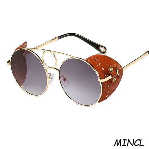 Mincl Fashion Vintage Round Punk Sunglasses Women 2019 Big Frame Unique Rivet Leather Punk Sun