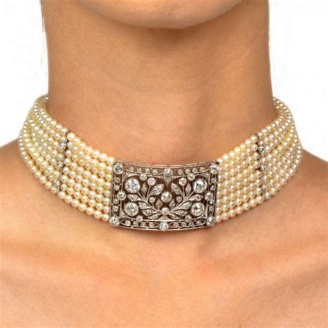 Antique Pearl Diamond Platinum Choker Necklace At 1stdibs